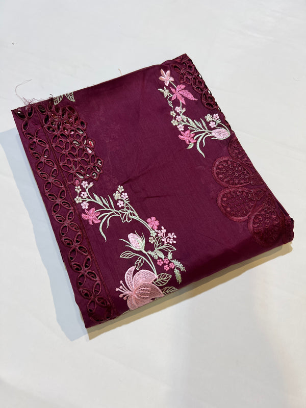 (BATIQ DARK MAROONLAWN EMBROIDED CHIKENKARI