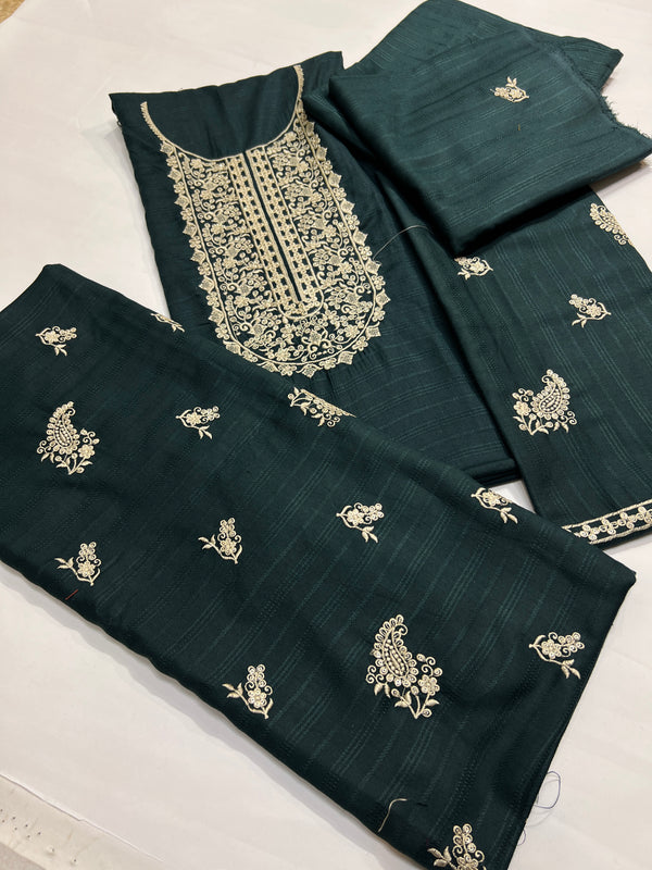 EMBROIDED DHANAK PEACH WOOL 3 pc SHAWL